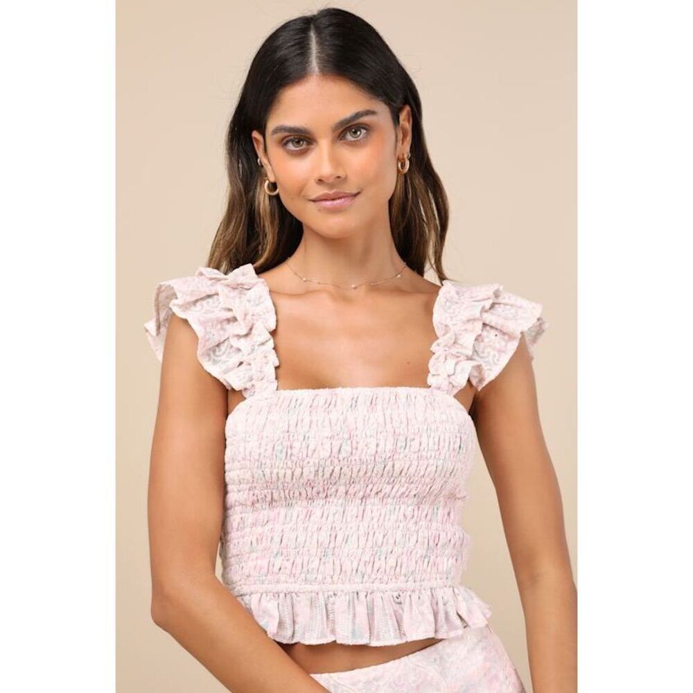 Lulus Haddie Light Pink Embroidered Smocked Crop Top - Size M